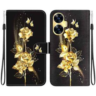 For Realme C55 Crystal Texture Colored Drawing Leather Phone Case(Gold Butterfly Rose)