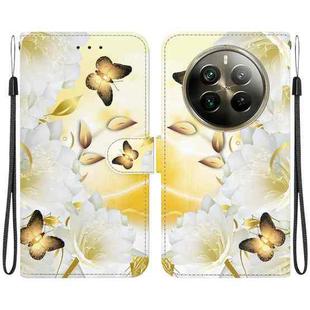 For Realme 12 Pro+ Global Crystal Texture Colored Drawing Leather Phone Case(Gold Butterfly Epiphyllum)