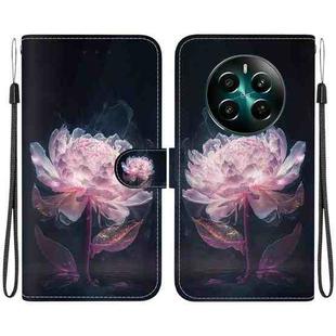 For Realme 12+ Crystal Texture Colored Drawing Leather Phone Case(Purple Peony)