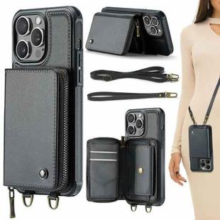 For iPhone 15 Pro JEEHOOD C22 Series Zipper Wallet Leather Phone Case with Dual Lanyard(Black)