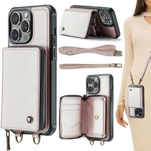 For iPhone 15 Pro JEEHOOD C22 Series Zipper Wallet Leather Phone Case with Dual Lanyard(Rose Gold)