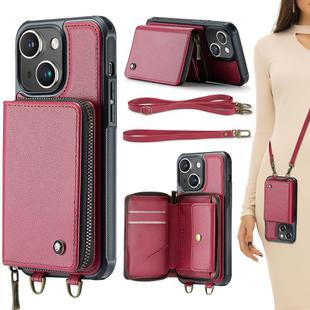 For iPhone 15 JEEHOOD C22 Series Zipper Wallet Leather Phone Case with Dual Lanyard(Red)