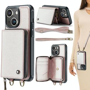 For iPhone 15 JEEHOOD C22 Series Zipper Wallet Leather Phone Case with Dual Lanyard(Rose Gold)