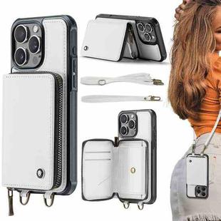 For iPhone 16 Pro JEEHOOD C22 Series Zipper Wallet Leather Phone Case with Dual Lanyard(White)