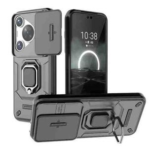 For Huawei P70 Pro 5G Sliding Camshield TPU + PC Shockproof Phone Case with Holder(Black)