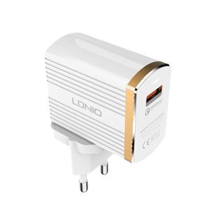 LDNIO A1302Q 2 in 1 18W QC3.0 USB Interface Grid Shape Travel Charger Mobile Phone Charger with 8 Pin Data Cable, EU Plug