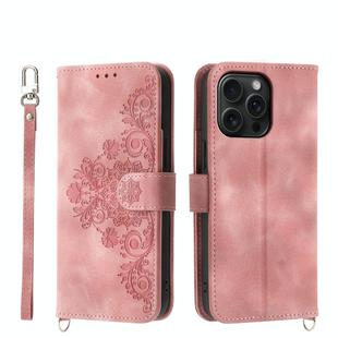 For iPhone 15 Pro Max Skin-feel Flowers Embossed Wallet Leather Phone Case(Pink)