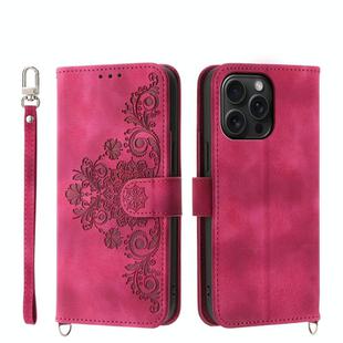For iPhone 15 Pro Max Skin-feel Flowers Embossed Wallet Leather Phone Case(Wine Red)