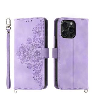 For iPhone 15 Pro Max Skin-feel Flowers Embossed Wallet Leather Phone Case(Purple)