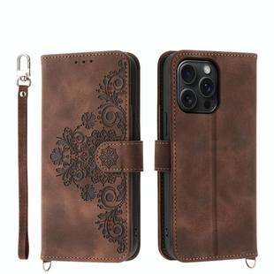 For iPhone 15 Pro Max Skin-feel Flowers Embossed Wallet Leather Phone Case(Brown)