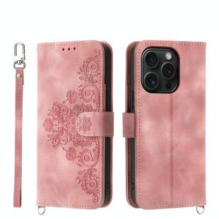 For iPhone 15 Pro Skin-feel Flowers Embossed Wallet Leather Phone Case(Pink)
