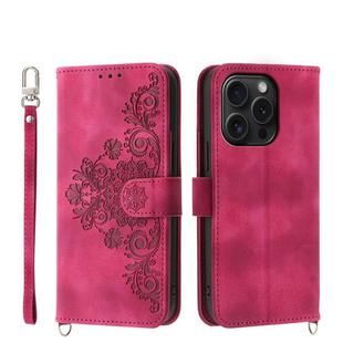 For iPhone 15 Pro Skin-feel Flowers Embossed Wallet Leather Phone Case(Wine Red)