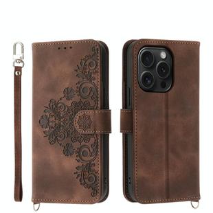 For iPhone 15 Pro Skin-feel Flowers Embossed Wallet Leather Phone Case(Brown)