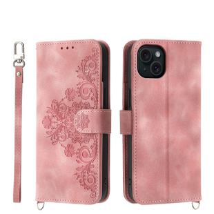 For iPhone 15 Plus Skin-feel Flowers Embossed Wallet Leather Phone Case(Pink)