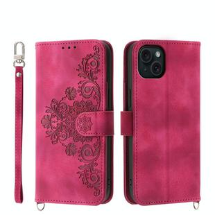 For iPhone 15 Plus Skin-feel Flowers Embossed Wallet Leather Phone Case(Wine Red)