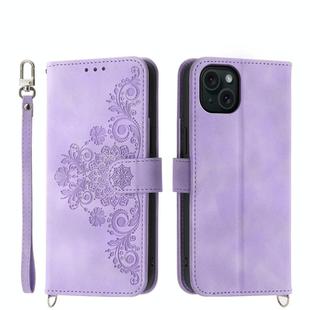For iPhone 15 Plus Skin-feel Flowers Embossed Wallet Leather Phone Case(Purple)