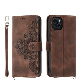 For iPhone 15 Plus Skin-feel Flowers Embossed Wallet Leather Phone Case(Brown)