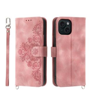 For iPhone 15 Skin-feel Flowers Embossed Wallet Leather Phone Case(Pink)