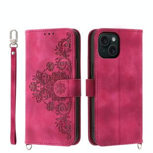 For iPhone 15 Skin-feel Flowers Embossed Wallet Leather Phone Case(Wine Red)