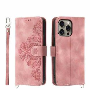 For iPhone 16 Pro Max Skin-feel Flowers Embossed Wallet Leather Phone Case(Pink)