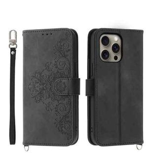 For iPhone 16 Pro Max Skin-feel Flowers Embossed Wallet Leather Phone Case(Black)