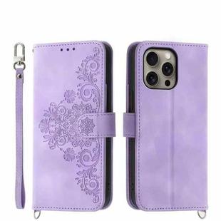 For iPhone 16 Pro Max Skin-feel Flowers Embossed Wallet Leather Phone Case(Purple)