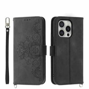 For iPhone 16 Pro Skin-feel Flowers Embossed Wallet Leather Phone Case(Black)