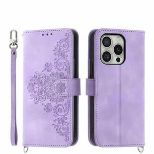 For iPhone 16 Pro Skin-feel Flowers Embossed Wallet Leather Phone Case(Purple)