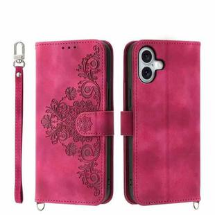 For iPhone 16 Plus Skin-feel Flowers Embossed Wallet Leather Phone Case(Wine Red)