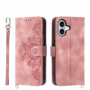 For iPhone 16 Skin-feel Flowers Embossed Wallet Leather Phone Case(Pink)