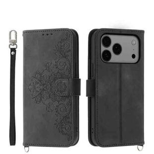 For iPhone 17 Pro Max Skin-feel Flowers Embossed Wallet Leather Phone Case(Black)