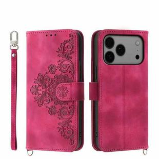 For iPhone 17 Pro Max Skin-feel Flowers Embossed Wallet Leather Phone Case(Wine Red)