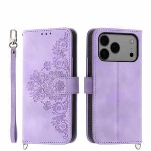 For iPhone 17 Pro Max Skin-feel Flowers Embossed Wallet Leather Phone Case(Purple)