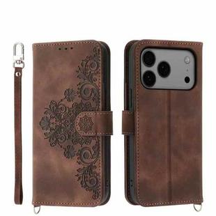 For iPhone 17 Pro Max Skin-feel Flowers Embossed Wallet Leather Phone Case(Brown)
