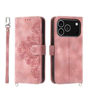 For iPhone 17 Pro Skin-feel Flowers Embossed Wallet Leather Phone Case(Pink)