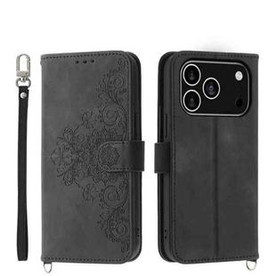 For iPhone 17 Pro Skin-feel Flowers Embossed Wallet Leather Phone Case(Black)