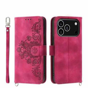 For iPhone 17 Pro Skin-feel Flowers Embossed Wallet Leather Phone Case(Wine Red)