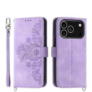 For iPhone 17 Pro Skin-feel Flowers Embossed Wallet Leather Phone Case(Purple)
