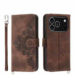 For iPhone 17 Pro Skin-feel Flowers Embossed Wallet Leather Phone Case(Brown)