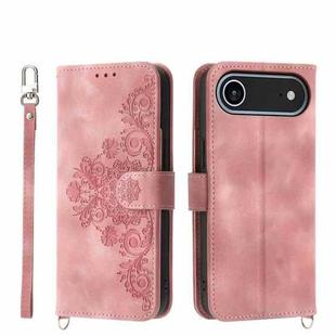 For iPhone 17 Air Skin-feel Flowers Embossed Wallet Leather Phone Case(Pink)
