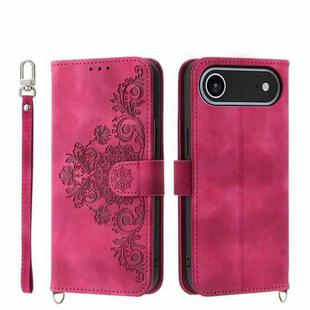 For iPhone 17 Air Skin-feel Flowers Embossed Wallet Leather Phone Case(Wine Red)