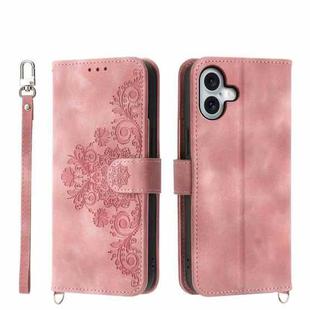 For iPhone 17 Skin-feel Flowers Embossed Wallet Leather Phone Case(Pink)