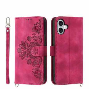 For iPhone 17 Skin-feel Flowers Embossed Wallet Leather Phone Case(Wine Red)