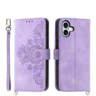For iPhone 17 Skin-feel Flowers Embossed Wallet Leather Phone Case(Purple)