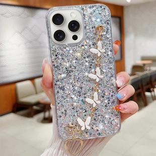 For iPhone 15 Pro Max Starry Sequin Butterfly Chain Epoxy TPU Phone Case(Silver)