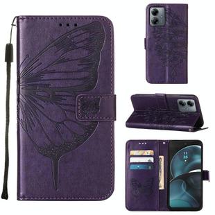For Motorola Moto G14 Embossed Butterfly Leather Phone Case(Dark Purple)