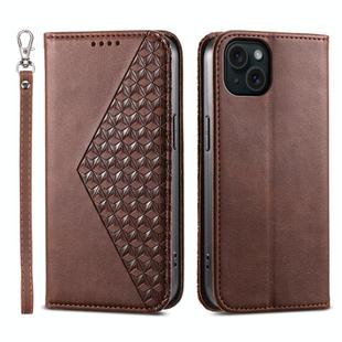 For iPhone 15 Plus Cubic Grid Calf Texture Magnetic Leather Phone Case(Brown)