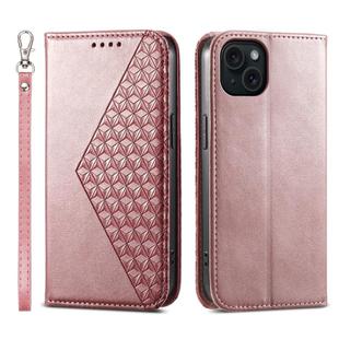 For iPhone 15 Plus Cubic Grid Calf Texture Magnetic Leather Phone Case(Rose Gold)
