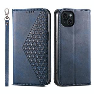 For iPhone 15 Plus Cubic Grid Calf Texture Magnetic Leather Phone Case(Blue)