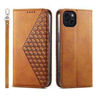 For iPhone 15 Plus Cubic Grid Calf Texture Magnetic Leather Phone Case(Yellow)